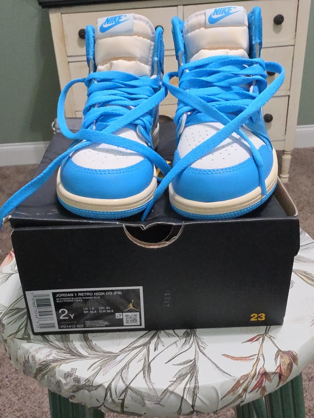 Jordan Kids High-Top Sneakers in Bright Blue and White with Cream Accents